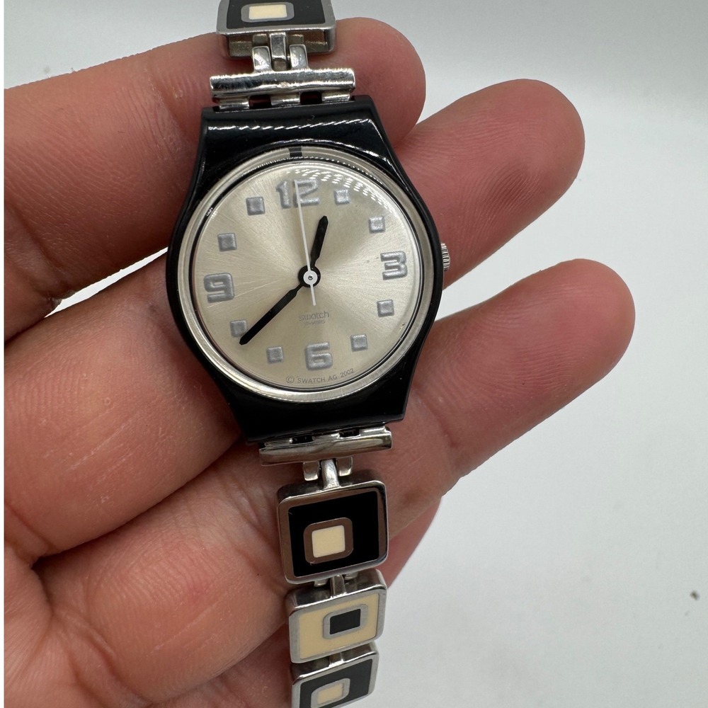 Swatch AG 2002 Swiss Made Quartz Watch Black Silver Geometric Link Bracelet #738